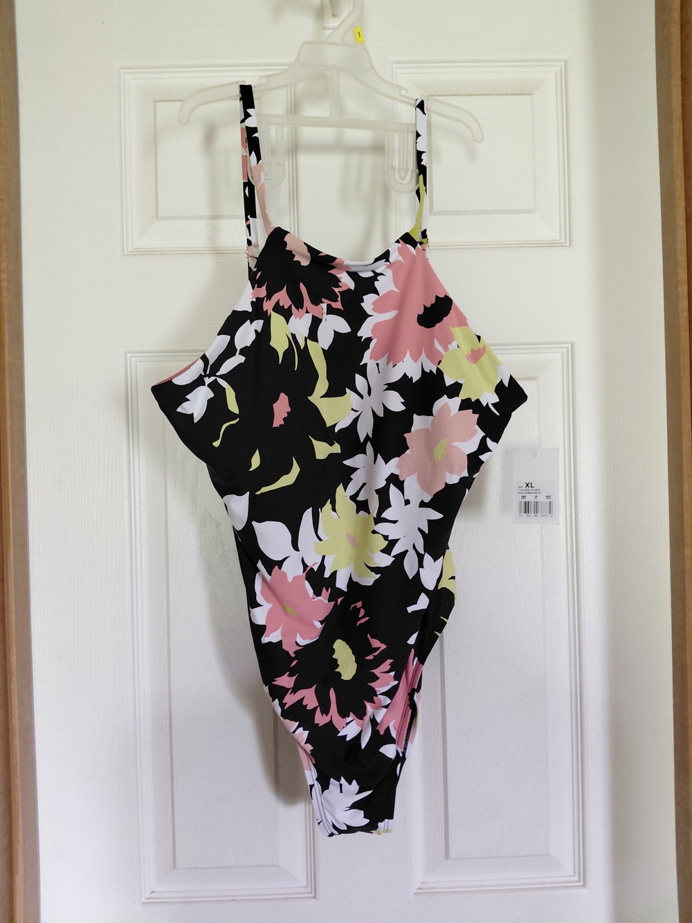 Floral High-Neck One-Piece Swimsuit - Black with Pink & Yellow Blooms